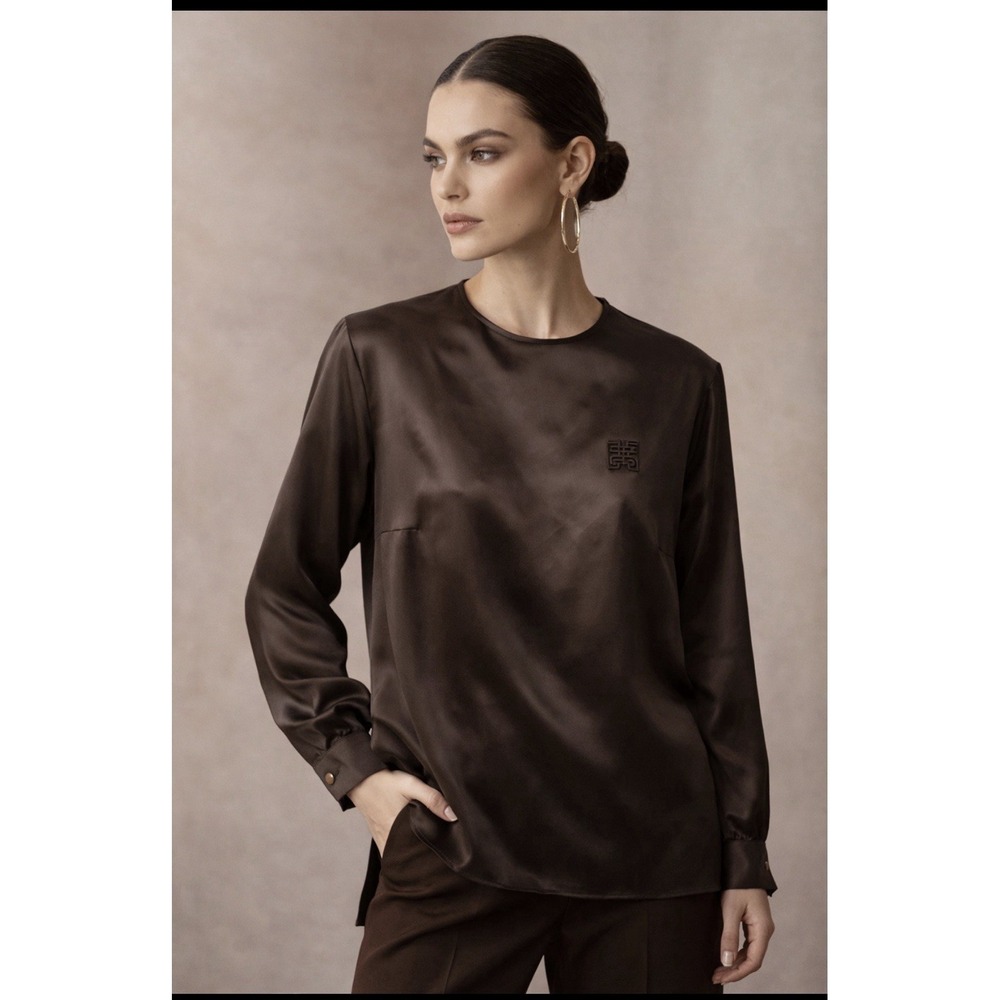 Vtg Givenchy Satin Blouse Chocolate Embroidered Logo Women's 18W‎ Quiet Luxury